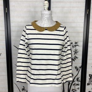 Boden White & Navy Striped Long Sleeve Top with Gold Peter Pan Collar